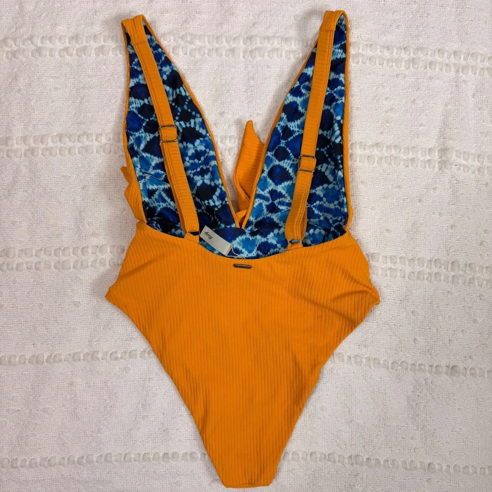 MAAJI‎ Maracuji McDreamy Reversible Deep Plunge Ribbed Yellow One Piece Medium